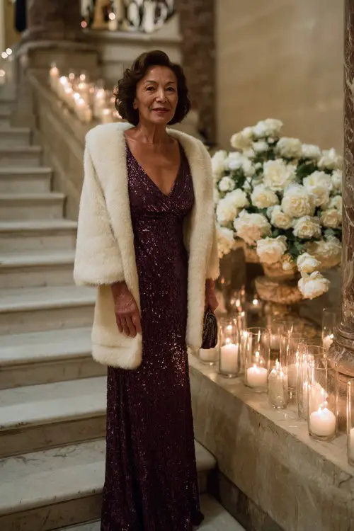 A woman over 50 wears a deep plum sequin gown with a cream wool wrap coat