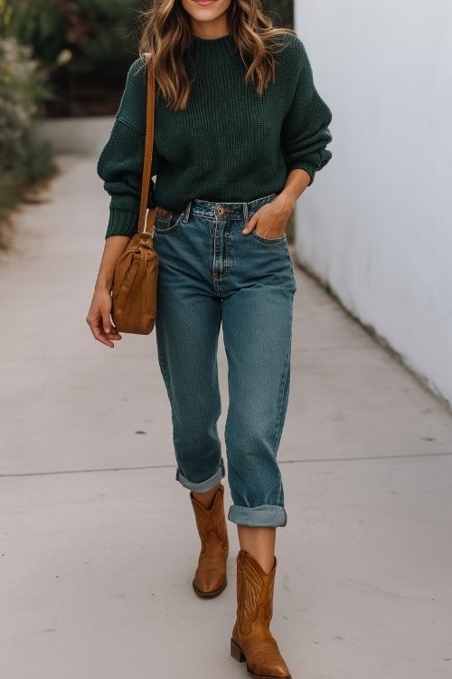 a woman wears a casual green sweater with jeans and brown cowboy boots