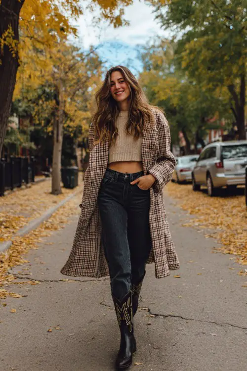A curvy woman wears black cowboy boots with dark denim jeans, a cropped beige sweater, and a long plaid coat