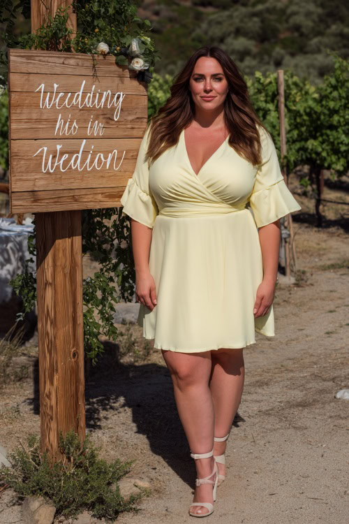 A plus-size woman wearing a pastel yellow wrap dress with flutter sleeves and strappy heels, standing beside a wooden wedding sign at a vineyard ceremony