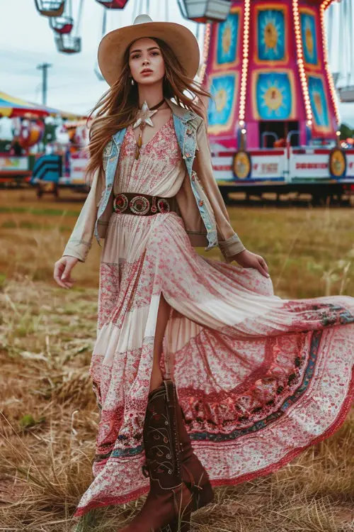 a woman wears boho maxi dress and brown cowboy boots