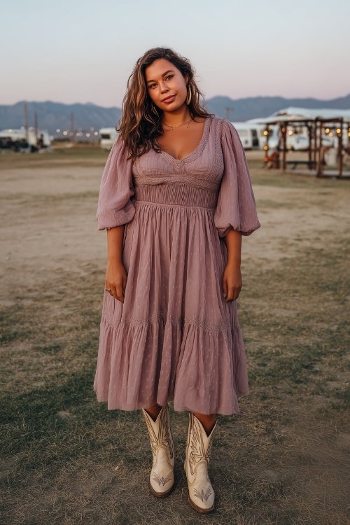A plus-size woman wears a soft mauve chiffon midi dress with flutter sleeves and embroidered cowboy boots