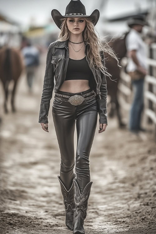 A fashionable cowgirl in a black cropped jacket, leather leggings, and pointed black cowgirl boots, strutting through the Coachella with confidence