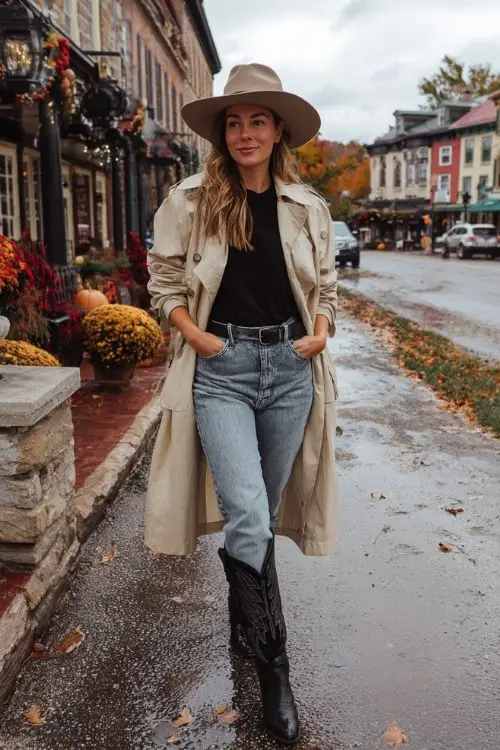 A woman in her 30s wears tall black cowboy boots with high-waisted jeans, a beige trench coat, and a felt hat
