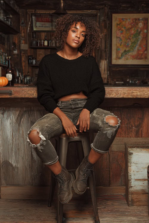 A Black woman wearing distressed jeans, a cropped black sweater, and lace-up ankle boots, sitting casually on a high bar stool inside a rustic fall bar