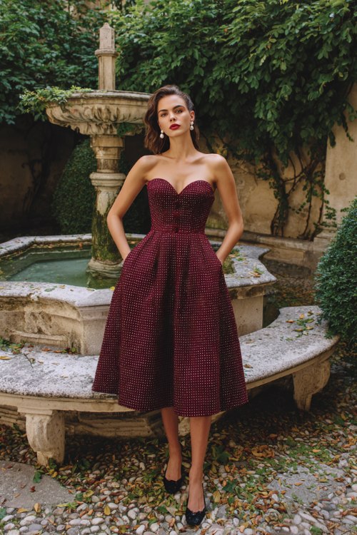 A woman wears a berry micro-check fit-and-flare midi with a sweetheart neckline and pockets