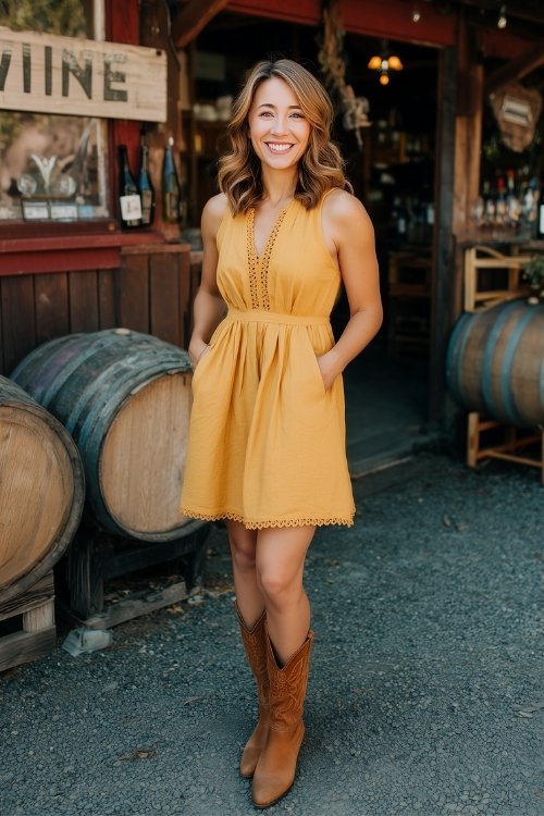 A petite woman in a mustard A-line short dress with crochet trim and brown cowboy boots