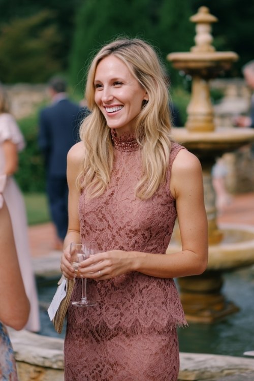 a woman over 50 in a dusty rose lace midi dress with scalloped hem and high neckline