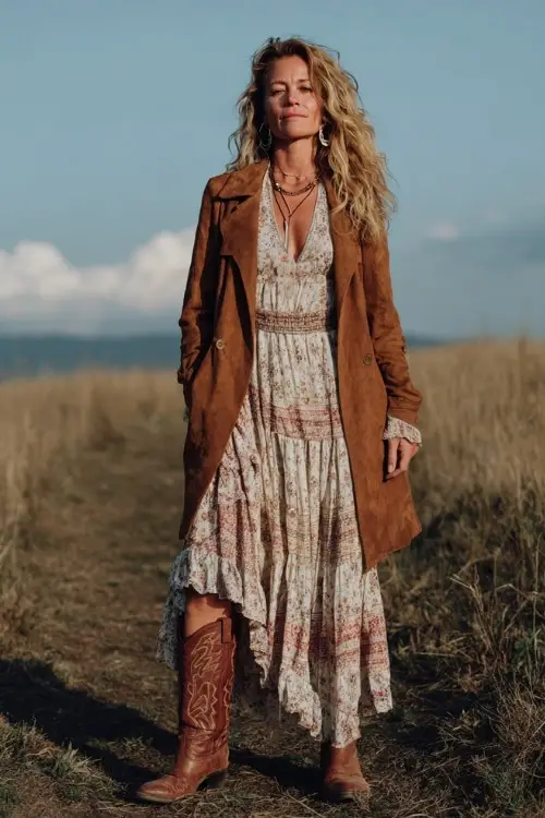 A woman over 40 wears a ruffled boho maxi dress with a suede wrap coat and cowboy boots, standing in a grassy concert field