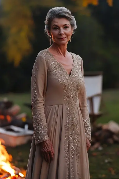 A woman over 50 wears a beige long-sleeve wedding guest dress with intricate embroidery on the bodice and sleeves
