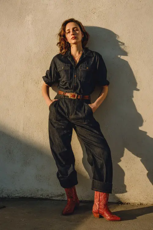 A woman wears red cowboy boots, a dark denim jumpsuit, and a brown leather belt