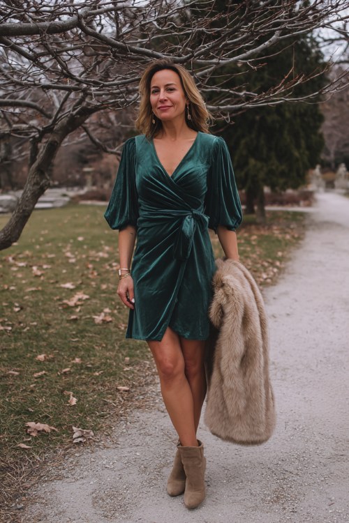 A woman wears an emerald green velvet wrap dress with balloon sleeves, styled with a beige faux fur stole and suede ankle boots