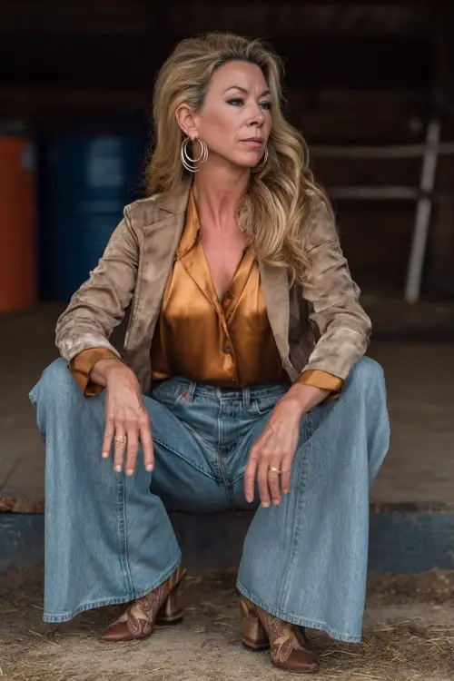 A woman over 40 wears wide-leg jeans with a tucked-in satin blouse, paired with a suede jacket and heeled cowboy boots, styled with hoop earrings at an outdoor barn concert