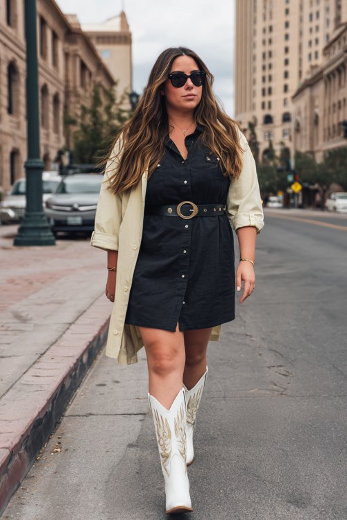 a woman wears a black shirt dress under a trench coat, with white cowboy boots