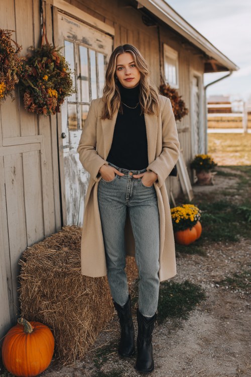 A woman wears faded jeans, black cowboy boots, and a black turtleneck sweater under a long beige coat