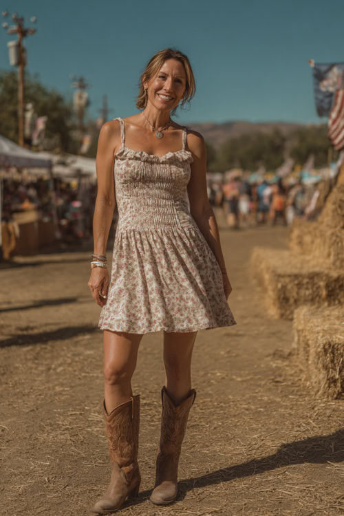 A woman over 40 wearing a smocked floral sundress with ruffle straps, brown western boots, and subtle gold jewelry
