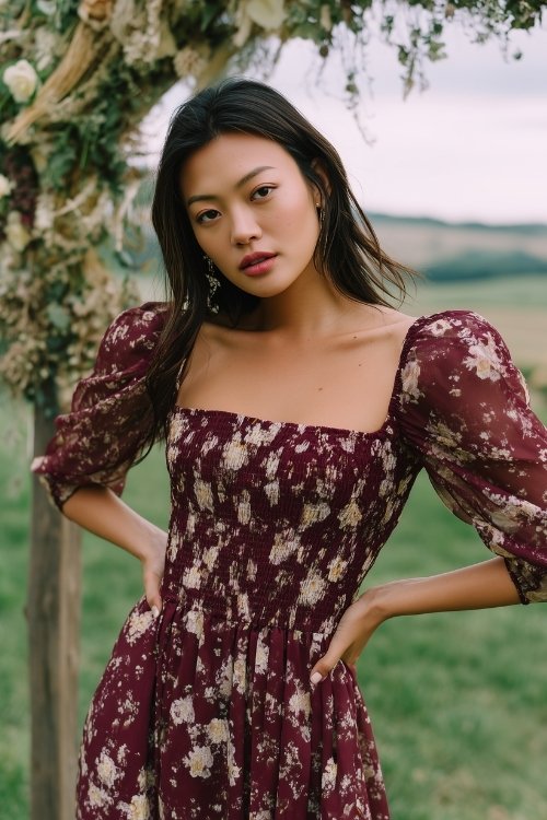 A petite woman in a burgundy floral-print chiffon tea-length dress with a square neckline and elastic puff sleeves