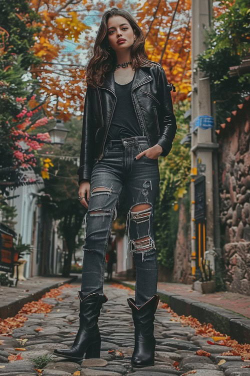 a woman wears a black top, a black leather jacket, ripped jeans and black cowboy boots
