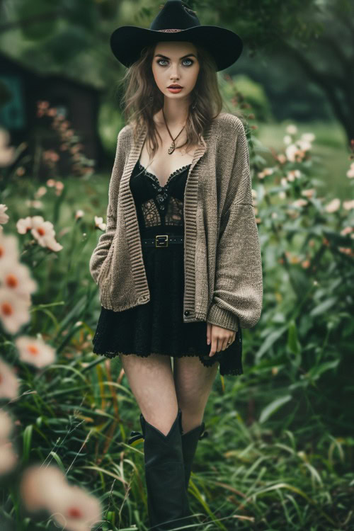 a woman wears a beige cardigan, a black dress with black cowboy boots (2)