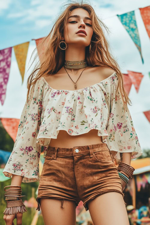 A boho-chic festival-goer wearing a loose floral-print peasant blouse tucked into high-waisted suede shorts, paired with gladiator sandals and stacked bangles
