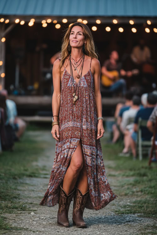 A woman in a printed maxi dress with side slits, styled with dark brown cowgirl boots and layered necklaces