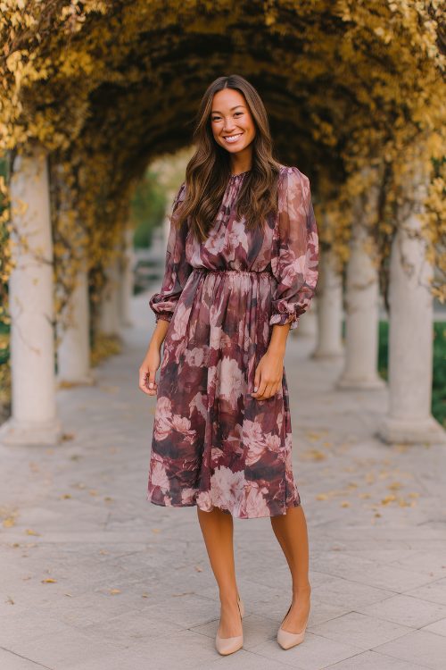 A petite woman wears a plum and blush watercolor floral midi dress with sheer long sleeves and ballet flats