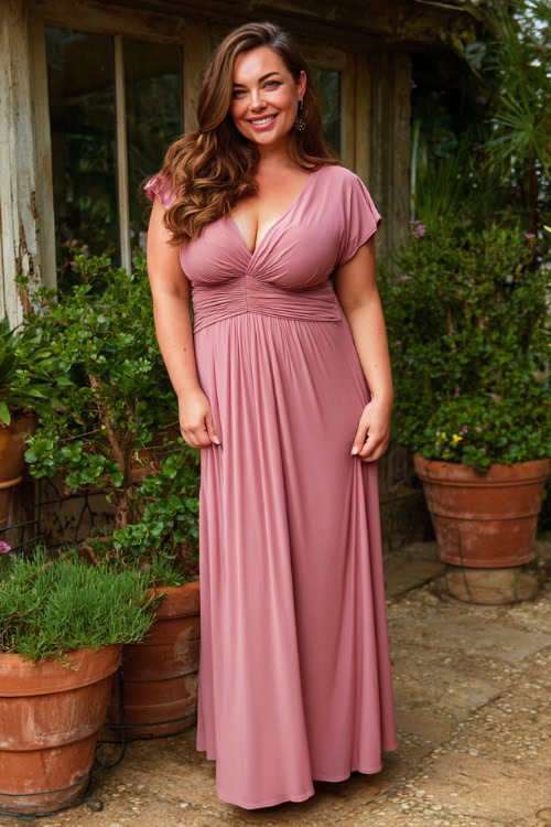 A plus-size woman in a dusty rose maxi dress with flutter sleeves and subtle ruching, posing on a patio with potted plants at a garden wedding venue