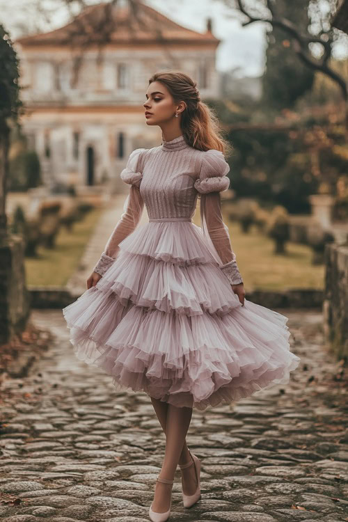 A woman in a soft lavender knee-length dress with puff sleeves and a layered tulle skirt, standing gracefully on a cobblestone path leading to a grand wedding hall