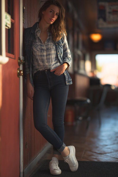 A woman wearing black skinny jeans, a plaid flannel shirt layered with a denim jacket, and white sneakers, leaning against the entrance of a casual autumn bar