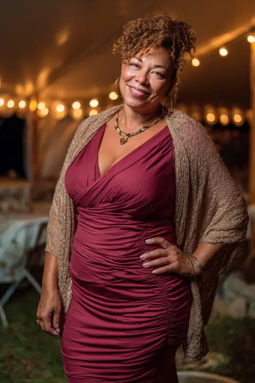 A plus-size woman over 50 in a fitted burgundy wrap dress with ruched details and a soft shawl, posing in front of a wedding reception tent with string lights