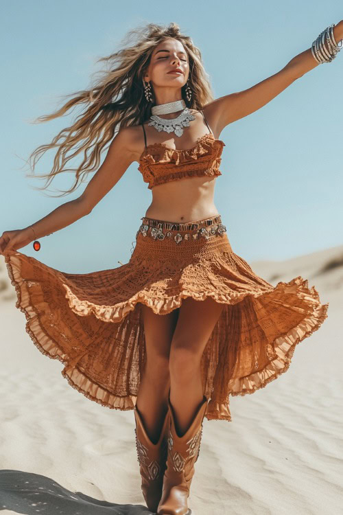 A playful woman in a crochet crop top with a ruffled bohemian maxi skirt, accessorized with brown cowboy boots and a bold silver necklace