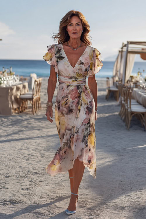 A woman over 50 wearing a floral-printed chiffon midi dress with ruffle sleeves and metallic sandals, walking along a beachside cocktail wedding setup