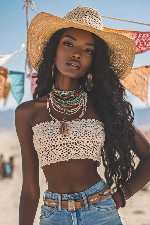 A stylish Black woman in a crochet crop top with high-waisted denim shorts and cowboy boots, accessorized with layered necklaces and a straw hat