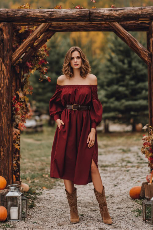 A woman wears a wine-red off-the-shoulder midi dress with a flowy skirt, paired with suede cowboy boots and a leather belt