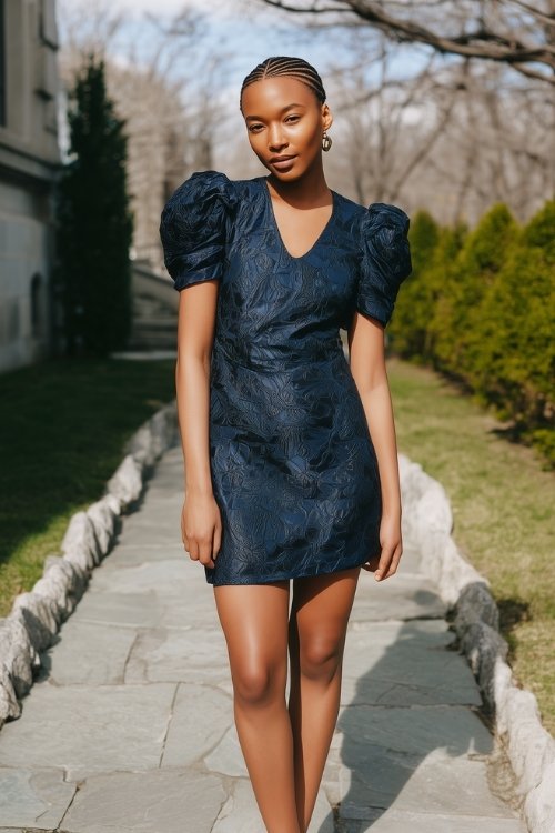 A woman in a navy brocade mini dress with metallic thread detailing and classic heels