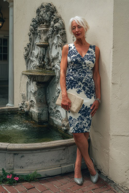 A woman over 60 in a sleeveless navy and white floral print dress with kitten heels and a straw clutch, posing near a decorated fountain at a romantic wedding venue