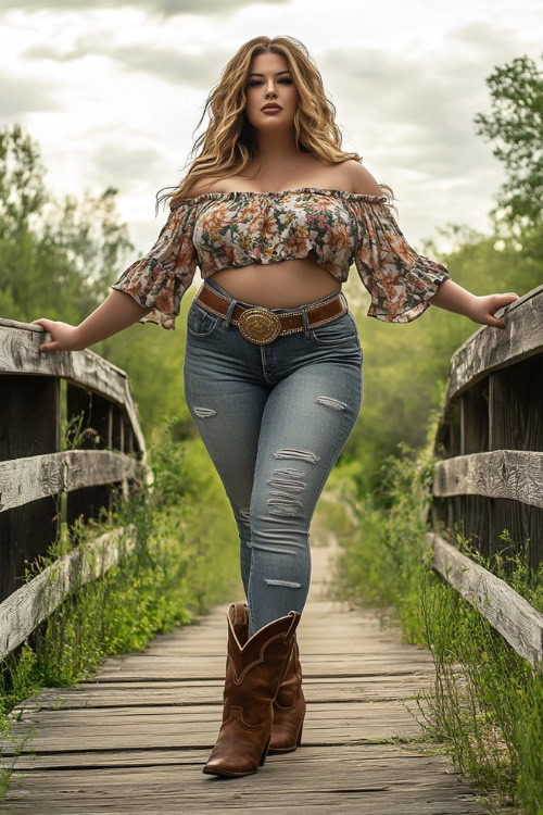 Plus-size woman in a flowy off-the-shoulder top with bootcut jeans and cowboy boots, accessorized with a western-style belt