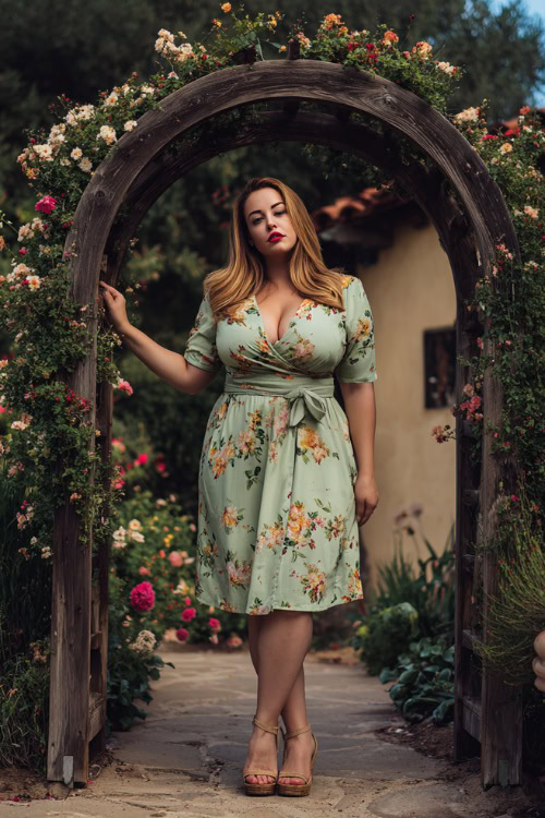 A plus-size woman wearing a soft green floral midi dress with a belted waist and wedge sandals, standing near a garden arch decorated with summer blooms