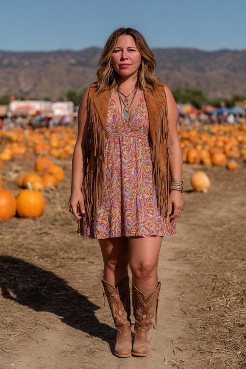 A plus-size woman wears a short bohemian print dress with a fringe suede vest, layered necklaces, and brown cowboy boots, standing in a pumpkin patch concert setup