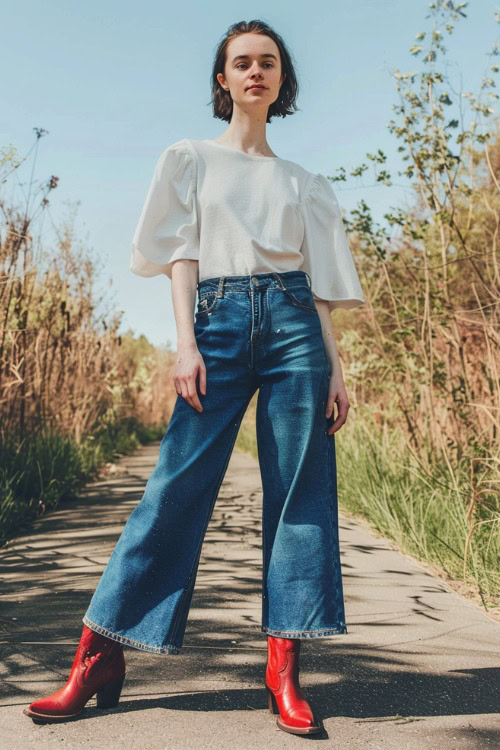 a woman wears a white blouse, crop flare jeans with red cowboy boots