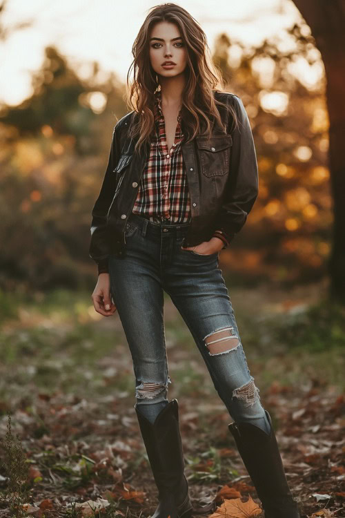 A woman at an outdoor wears a stylish autumn outfit_ black cowboy boots, high-waisted jeans with a distressed look, a tucked-in flannel shirt, and a cropped leather jacket with fringe details
