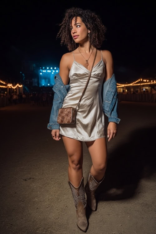 A curvy woman in a satin slip dress styled with a denim jacket and ankle cowboy boots, carrying a small crossbody bag at a night concert stage