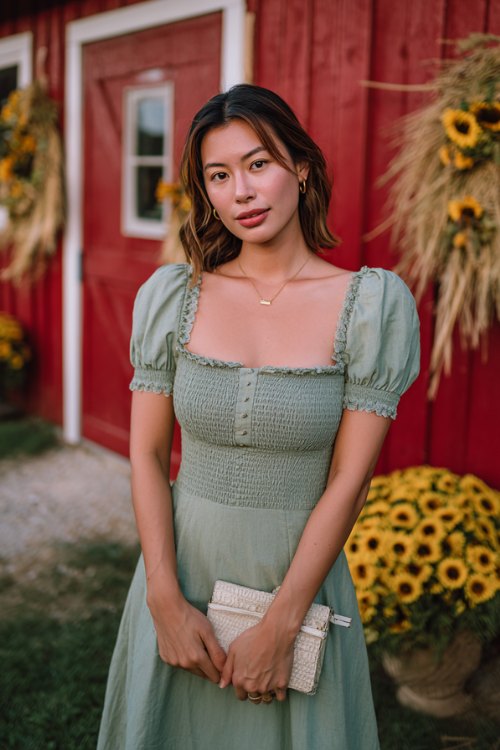 A petite woman in a sage green smocked midi dress with lace trim and bishop sleeves (2)