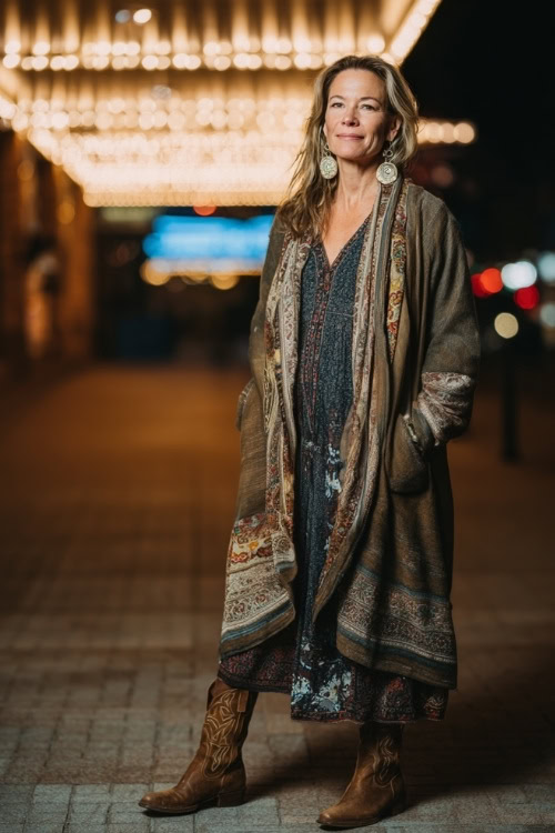 A woman over 50 wears a wool wrap coat over a bohemian maxi dress, styled with suede cowboy boots and statement earrings, standing under glowing night lights at a fall concert