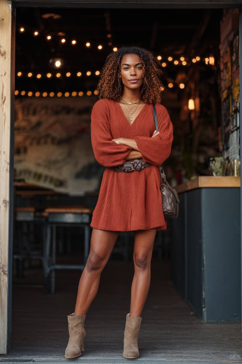 A Black woman in a rust-colored sweater dress with a belted waist, paired with ankle boots and a crossbody bag, standing outside a casual autumn bar with string lights