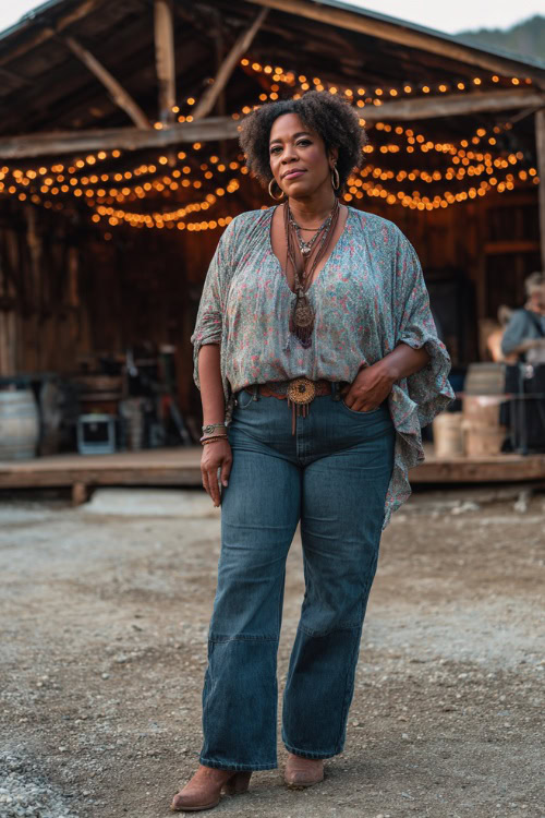 A curvy woman wears dark blue bootcut jeans with a flowy bohemian blouse, paired with cowboy boots and layered necklaces