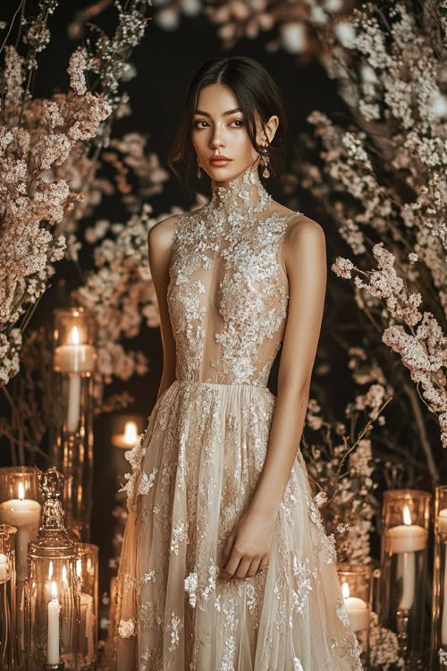 A stylish woman in a metallic champagne short A-line dress with a high neckline, lace appliqueÌs, and subtle pleats