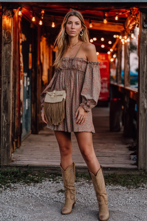 A woman wearing a smocked off-shoulder boho dress with puff sleeves and tan cowgirl boots, accessorized with hoop earrings and a fringe purse