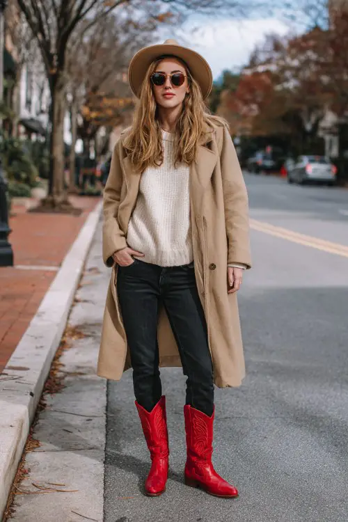 A woman in 50 wears red cowboy boots, black straight-leg jeans, a cream cashmere sweater, and a camel wool coat