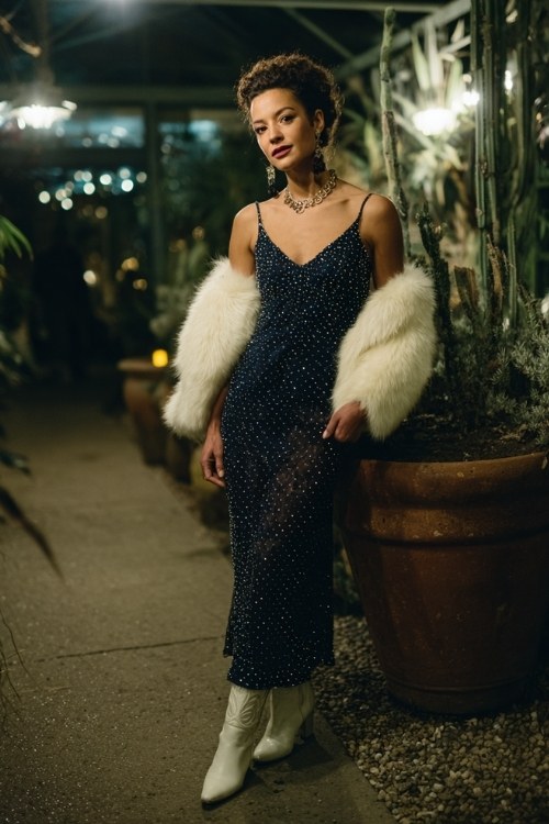 A woman over 40 wears a navy gown with sheer beaded overlay dotted with star-like sequins, styled with white cowboy boots and a faux-fur stole